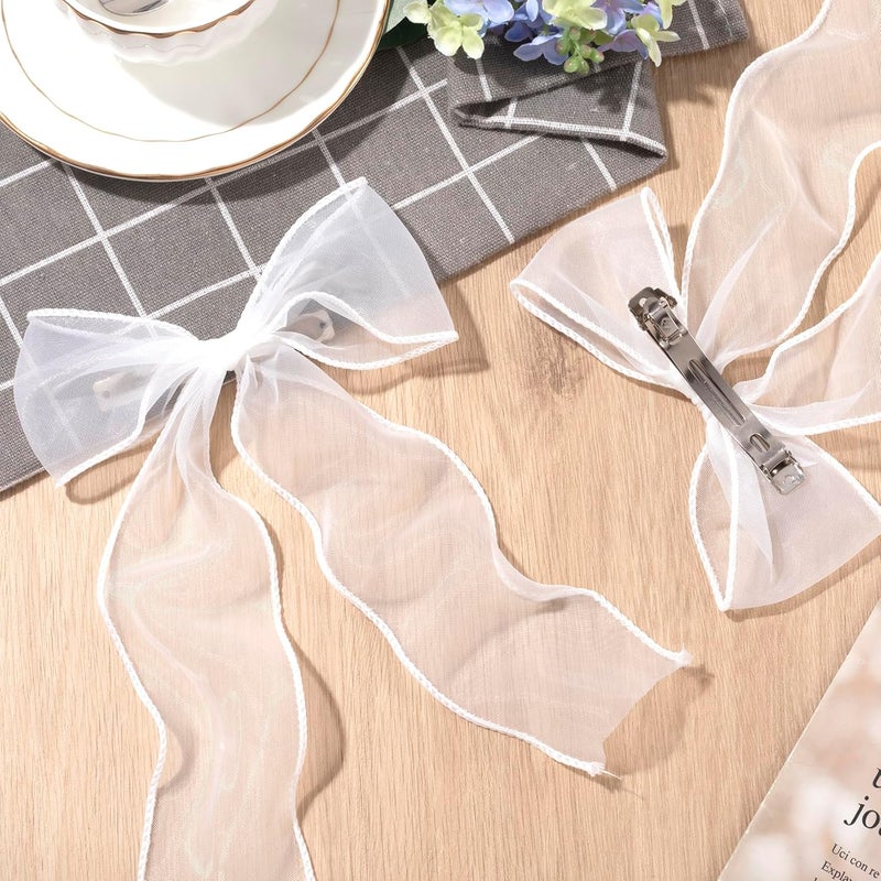 STSTR 2Pcs Large Hair Bow Clips, White Silk Yarn Ribbon Bow Hair Barrette for Women, Elegant Long Tail Bowknot French Hair Accessories for Wedding, Parties, Festivals - Style 4 - Image 3